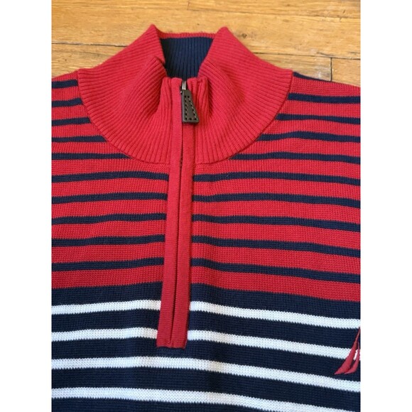 Men's XXL Nautica Striped Navy, White and Red Quarter Zip Long Sleeve Sweater - Picture 7 of 9